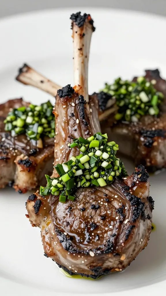 charred lamb chop topped with chimichurri, macro shot