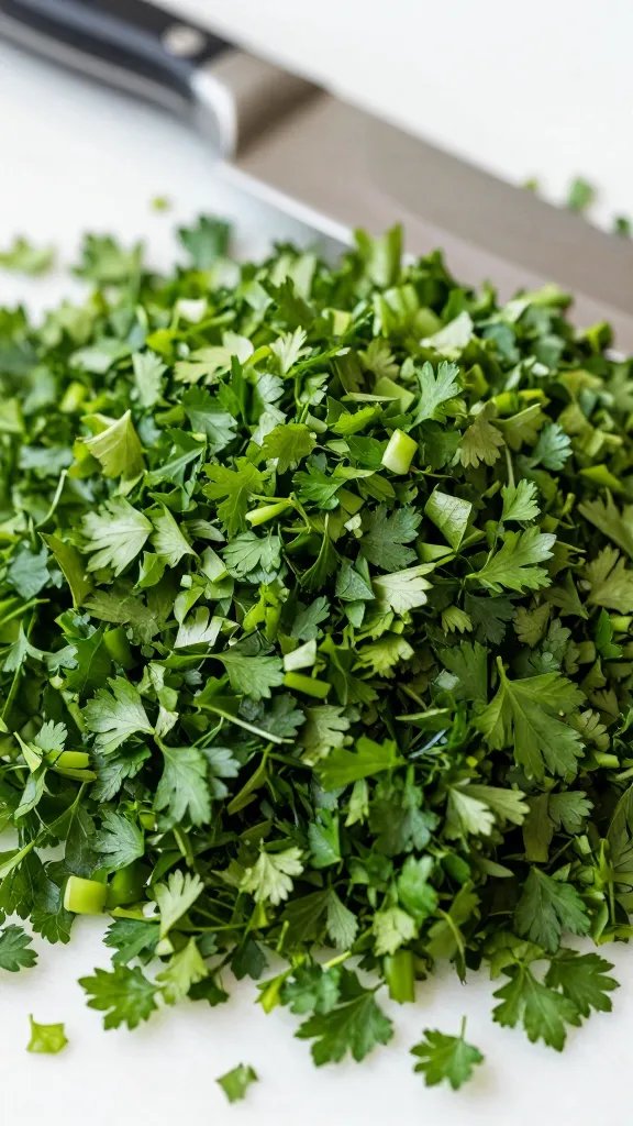 hand-chopped parsley mound with chef’s knife, tight closeup