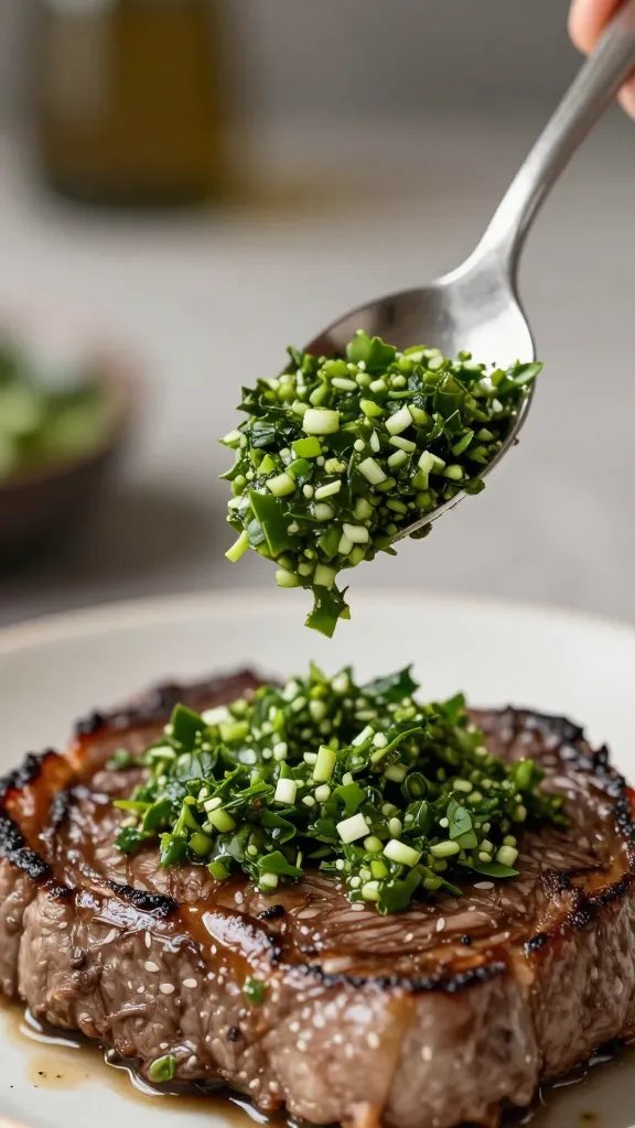 spoonful of chimichurri hovering over steak, shallow focus