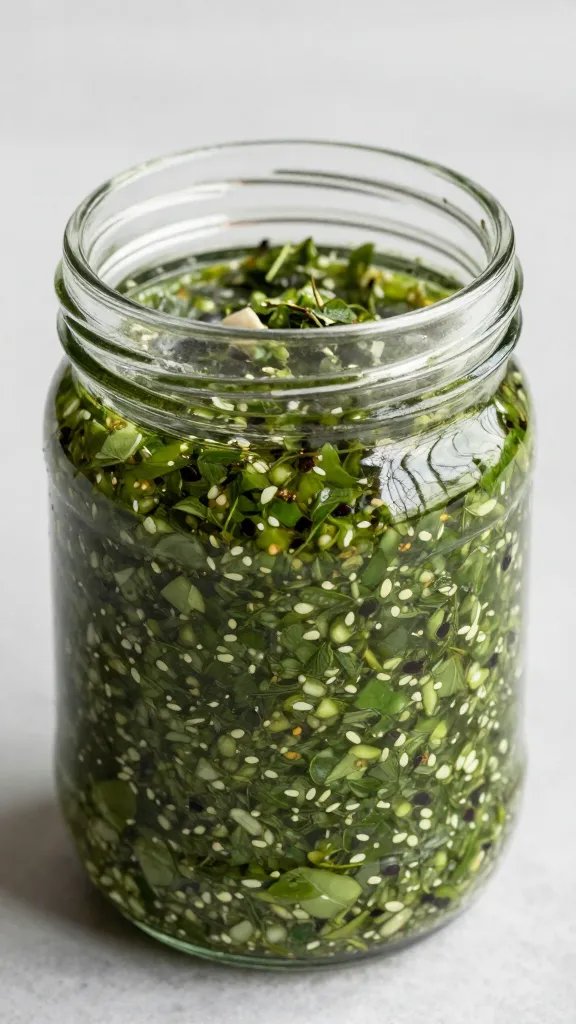 glass jar of chimichurri with visible oregano and garlic