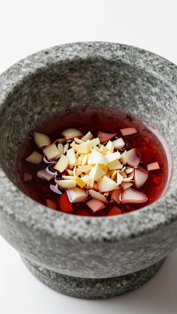marble mortar with chopped garlic and red wine vinegar