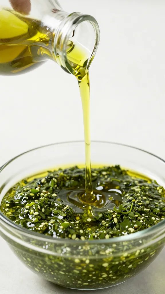 olive oil stream into chimichurri bowl, high-speed capture