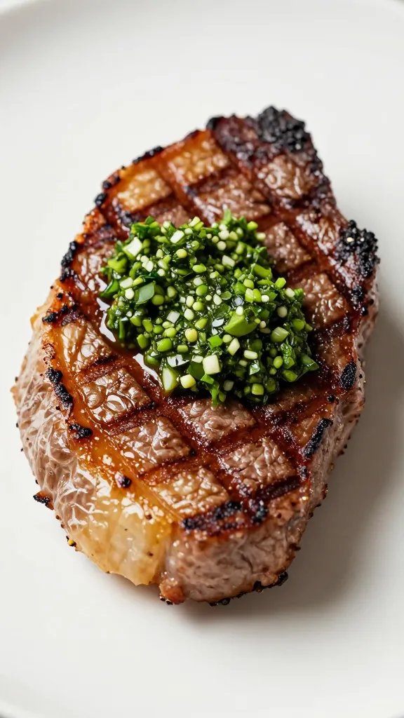 toasted crust of grilled steak, single bite with chimichurri