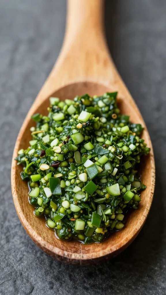 rustic wooden spoon coated in fresh chimichurri, macro