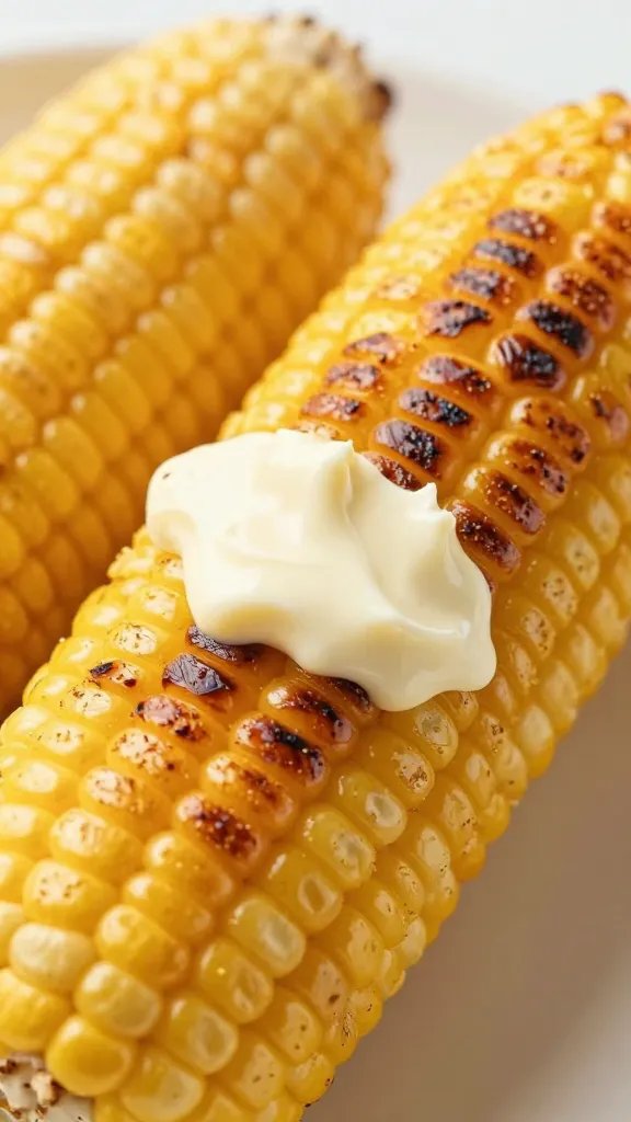 Closeup grilled corn ear brushed with dairy-free BBQ butter