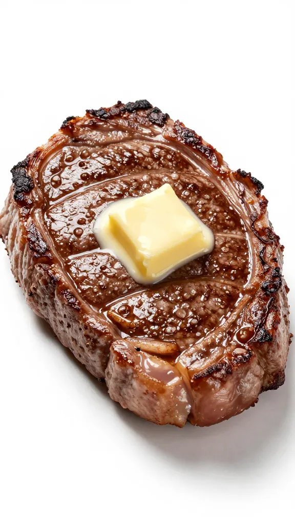Ribeye steak surface glistening with dairy-free finishing butter
