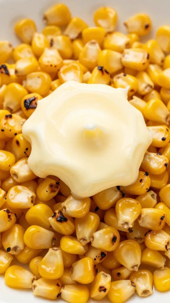 Melted dairy-free butter pooling on charred corn kernels