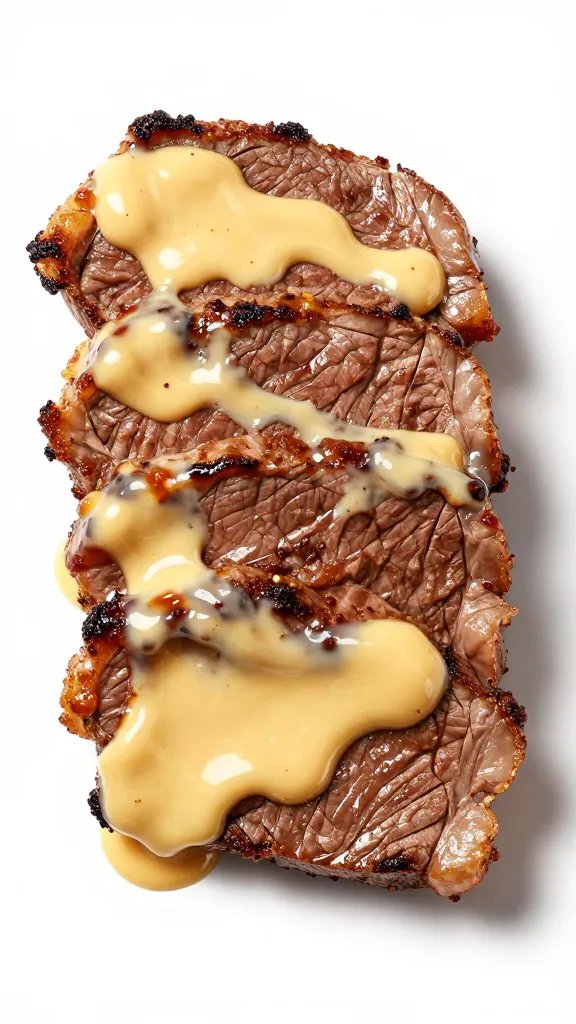 Sliced steak bite coated in glossy dairy-free BBQ butter
