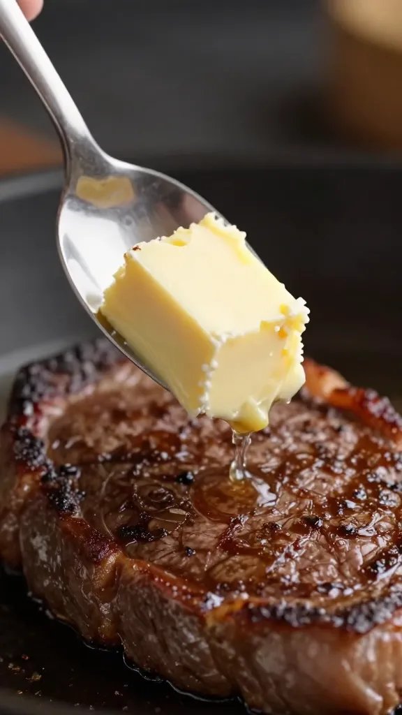 Spoonful of smoky dairy-free butter hovering over hot steak