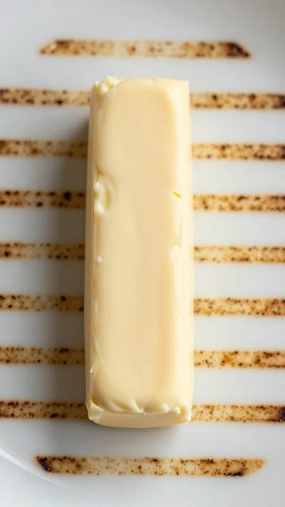 Stick-style dairy-free butter log with grill marks background