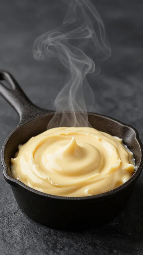 Cast-iron cup of warm dairy-free BBQ butter, steam rising