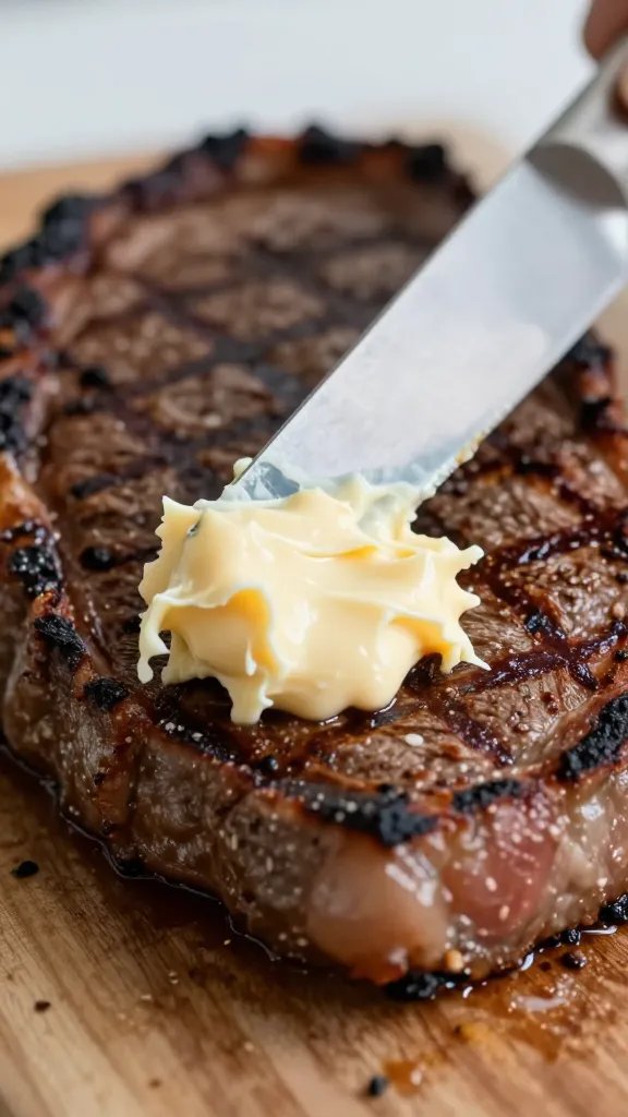 Knife spreading dairy-free BBQ butter across seared steak edge
