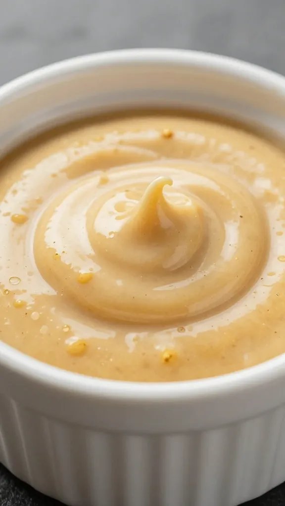 closeup ramekin of horseradish BBQ sauce, glossy swirl