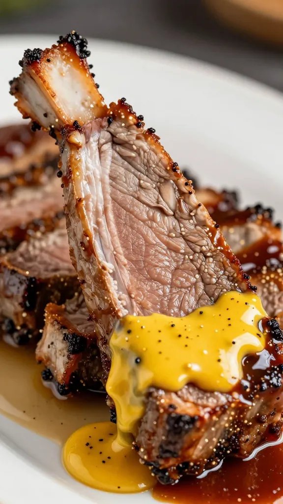 prime rib slice dipped in horseradish BBQ sauce, macro
