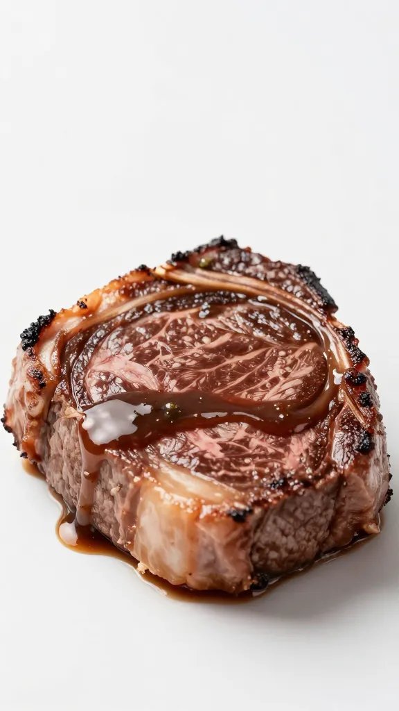 ribeye steak bite with visible marbling, sauce brushed