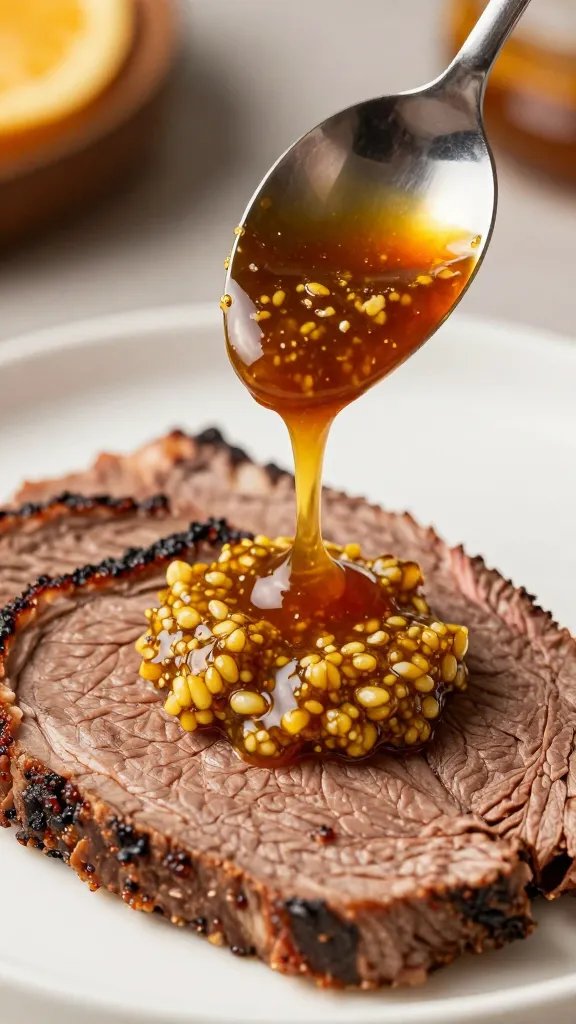 spoon drizzling horseradish BBQ sauce over beef slice