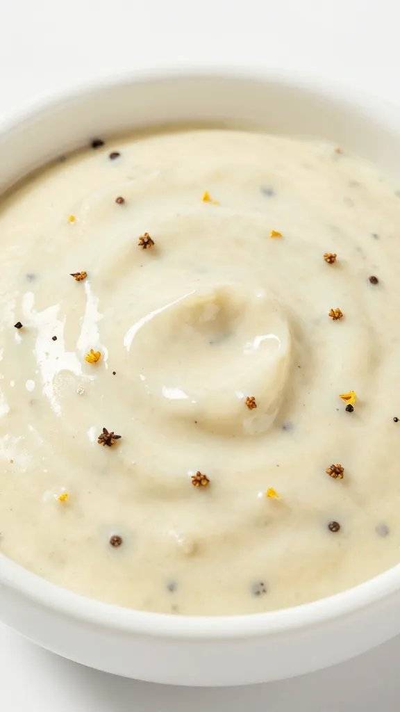 small white bowl of bloomed horseradish in sauce, macro
