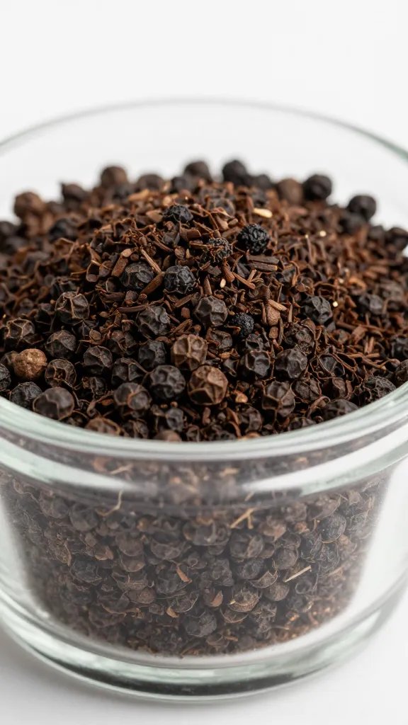 Closeup of espresso-black pepper rub in glass ramekin