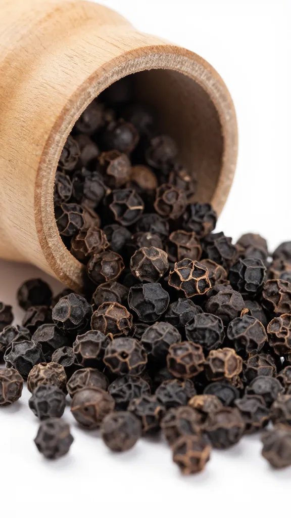 Coarse-cracked black peppercorns spilling from wooden grinder