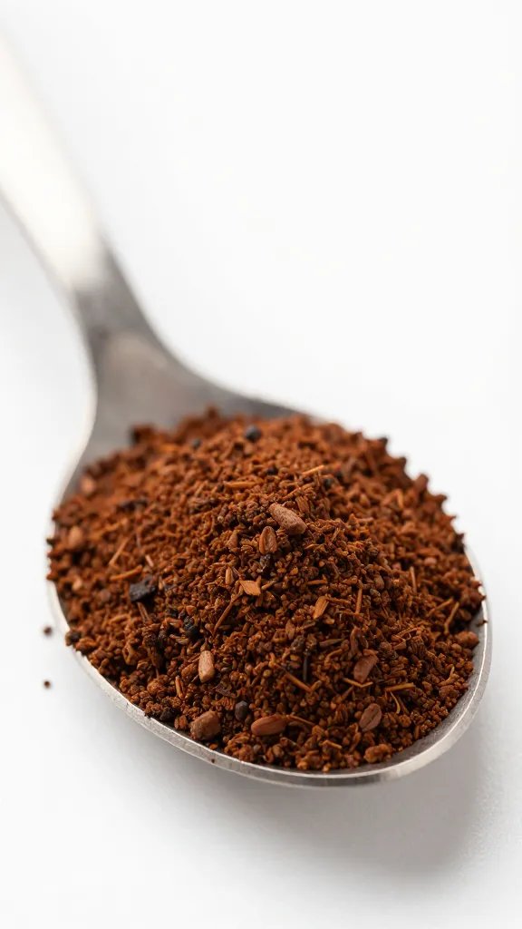 Extra-fine espresso grounds mounded on stainless spoon