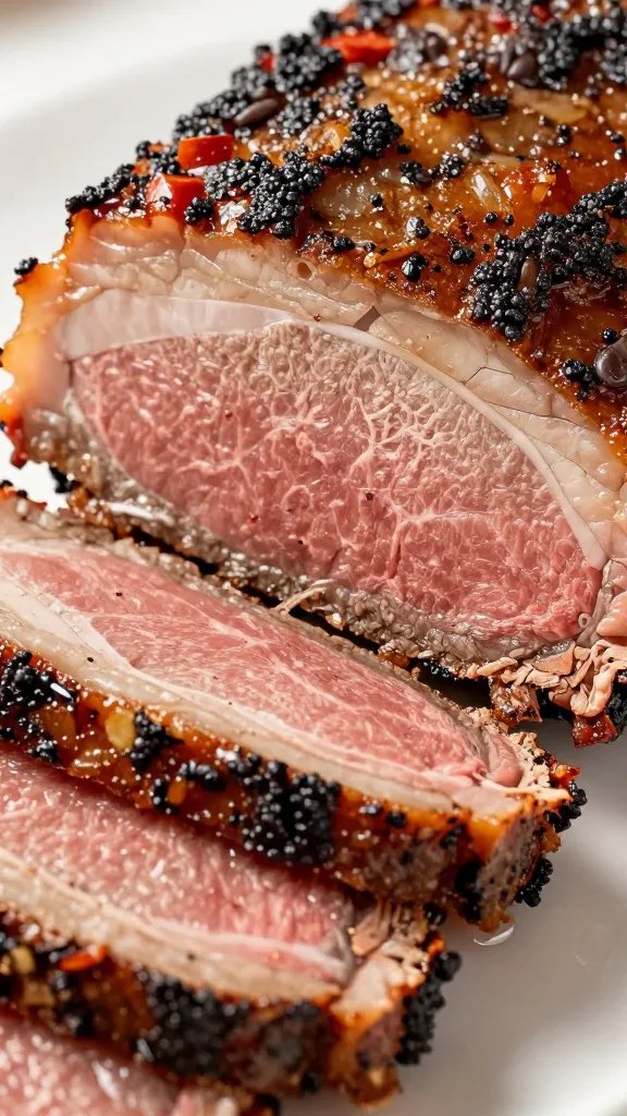 Pepper-forward bark on sliced brisket end, juicy closeup