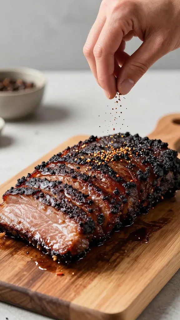 Hand sprinkling rub onto brisket point, shallow depth