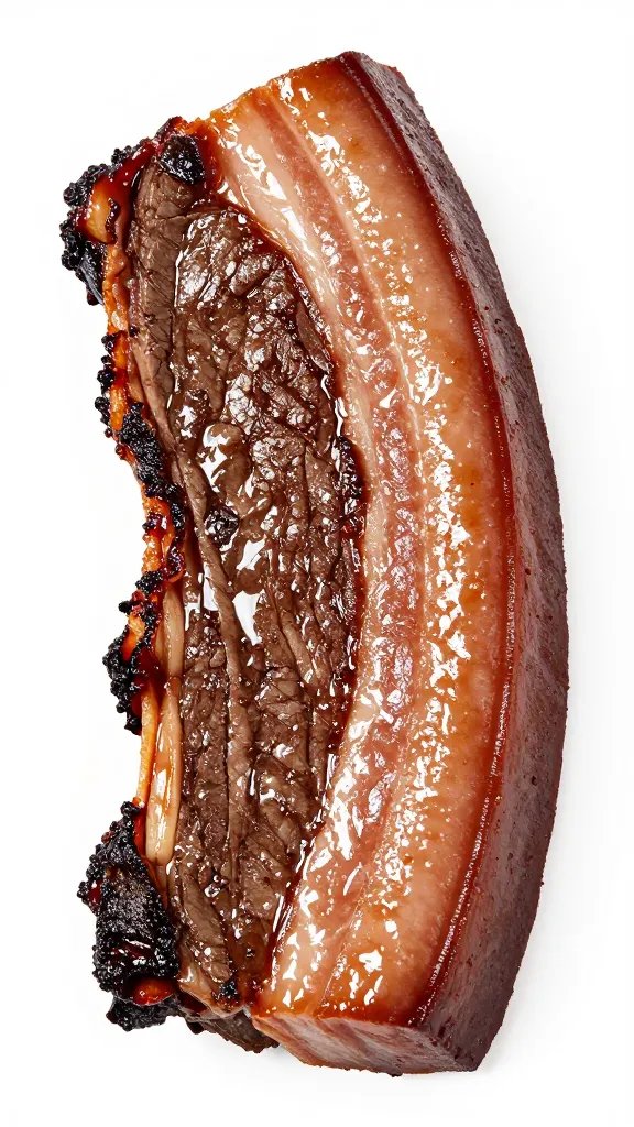 Dark caramelized brisket bark under glistening fat cap