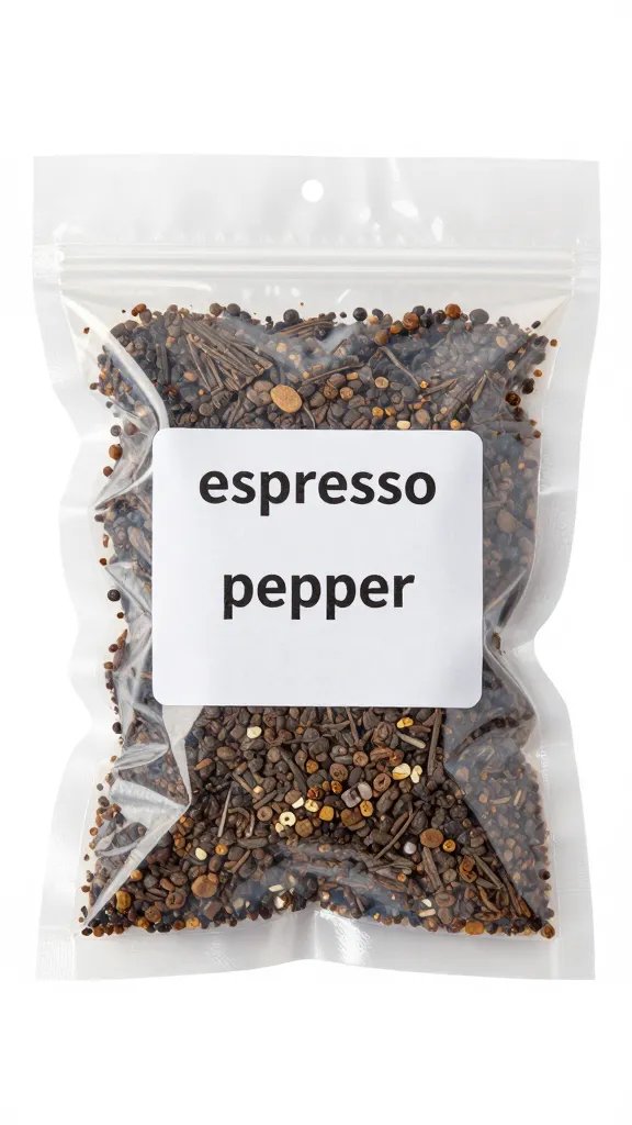 Vacuum-sealed rub mix labeled “espresso pepper,” tight shot