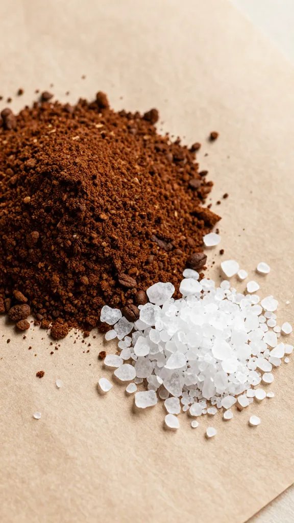 Freshly ground coffee and salt crystals on butcher paper