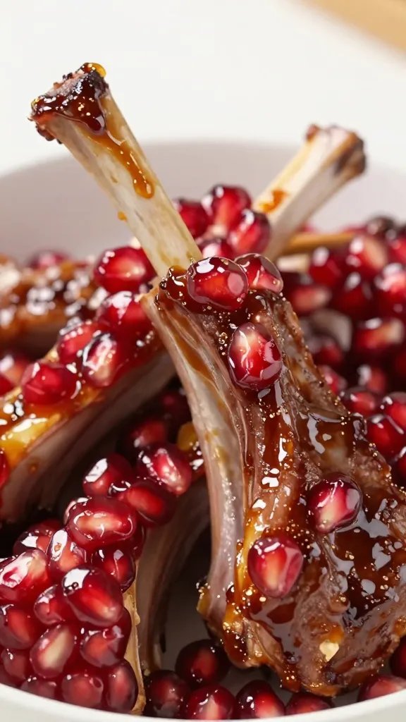 closeup of lamb chop brushed with pomegranate molasses glaze