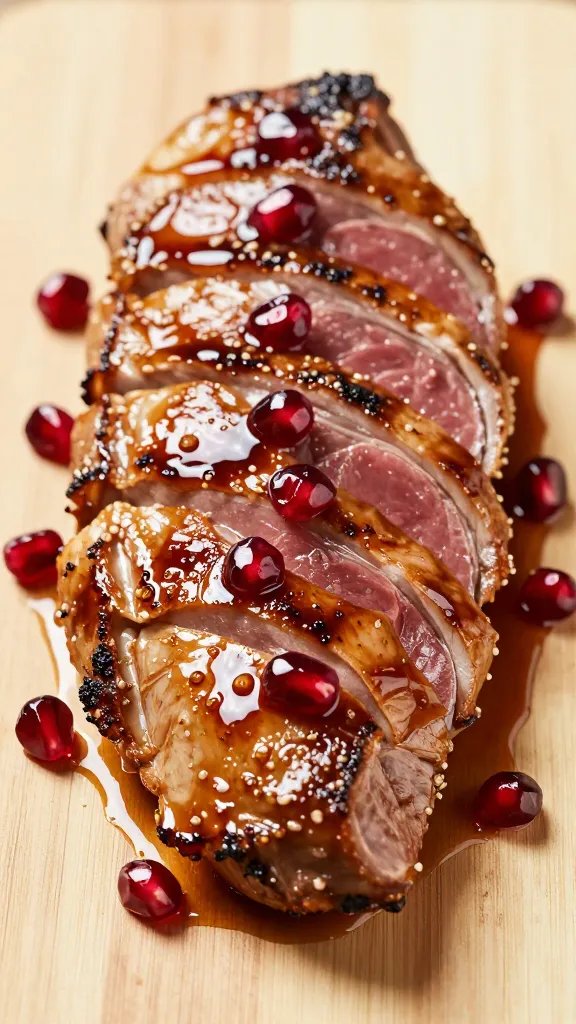 duck breast sliced, glossy pomegranate glaze pooling on board