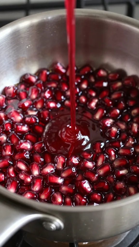 saucepan simmering pomegranate glaze to syrupy ribbon