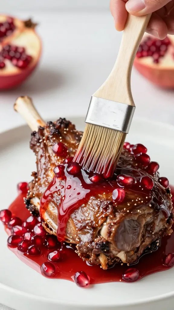 basting brush loaded with pomegranate glaze over lamb roast