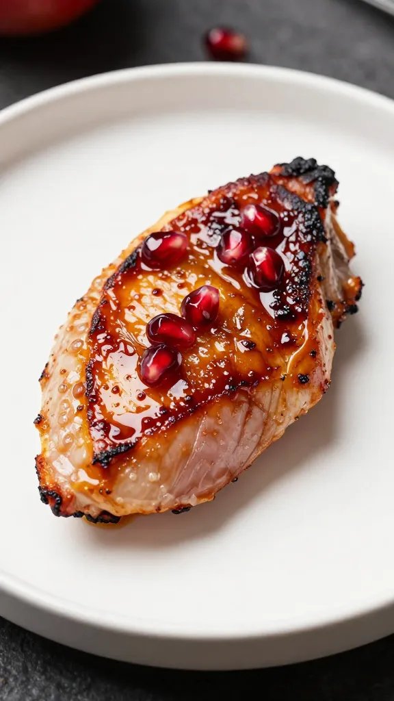 seared duck breast skin lacquered with pomegranate glaze