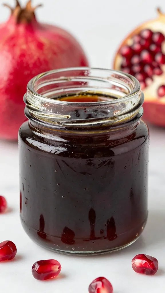 small jar of pomegranate molasses glaze with sheen