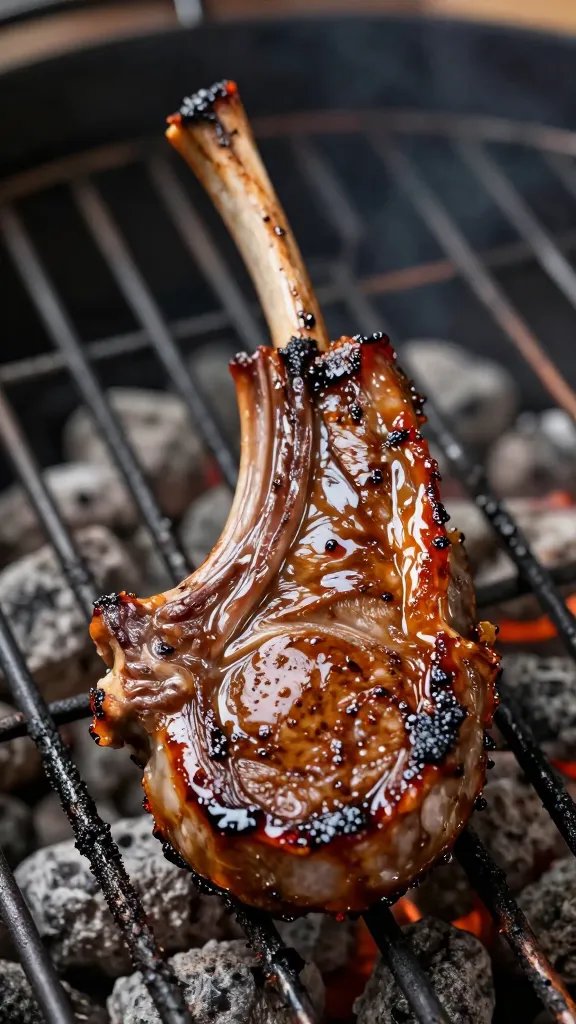 glaze-coated lamb rib chop on charcoal grill grates