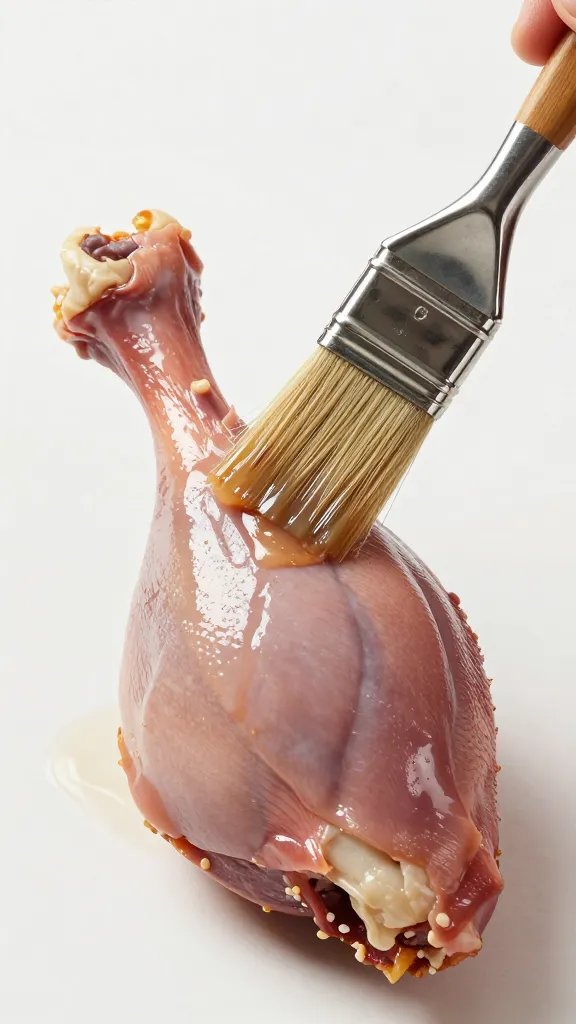 pastry brush painting sticky glaze onto duck leg