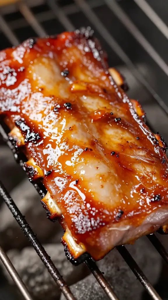 Glossy tamarind BBQ-glazed pork rib closeup on grill