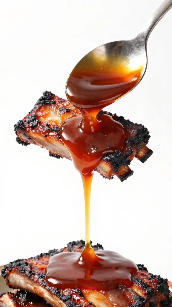 Spoon dripping tamarind BBQ sauce over charred rib