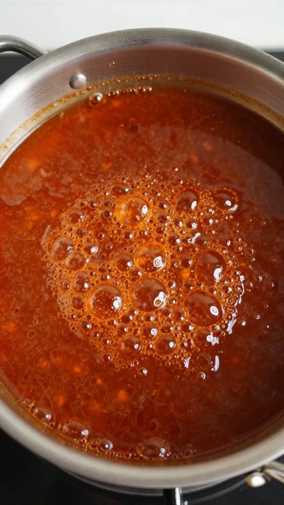 Small saucepan of simmering tamarind BBQ sauce, bubbling surface