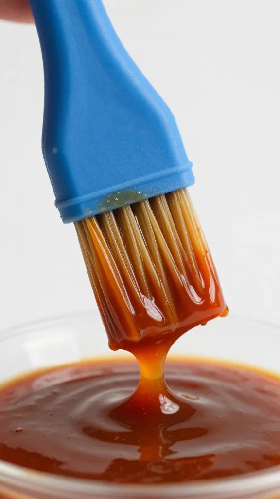 Silicone brush coated in tamarind BBQ sauce, macro shot