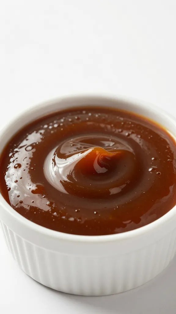 White ramekin of tamarind BBQ sauce with glossy swirl