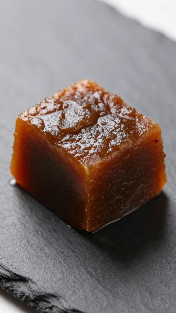 Closeup of tamarind paste block on dark slate