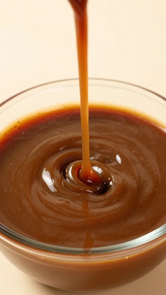 Molasses stream pouring into tamarind BBQ sauce bowl