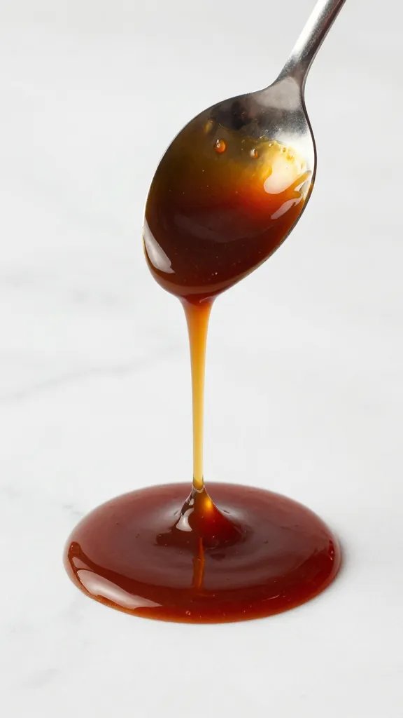 Spoon drip of smoky molasses BBQ sauce over white marble