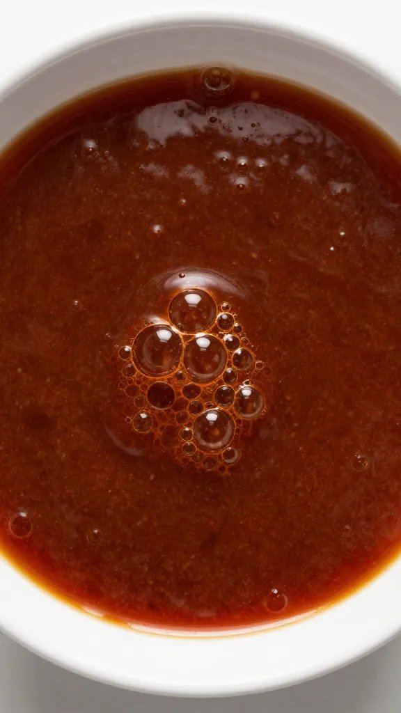 Single bowl of simmering BBQ sauce with visible bubbles