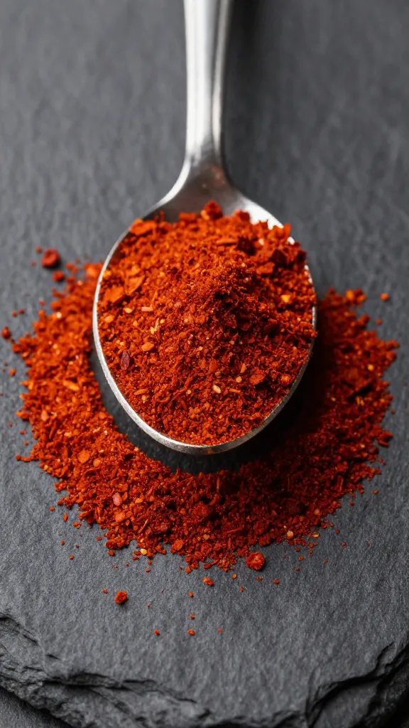 Heaping spoonful of smoked paprika powder on dark slate