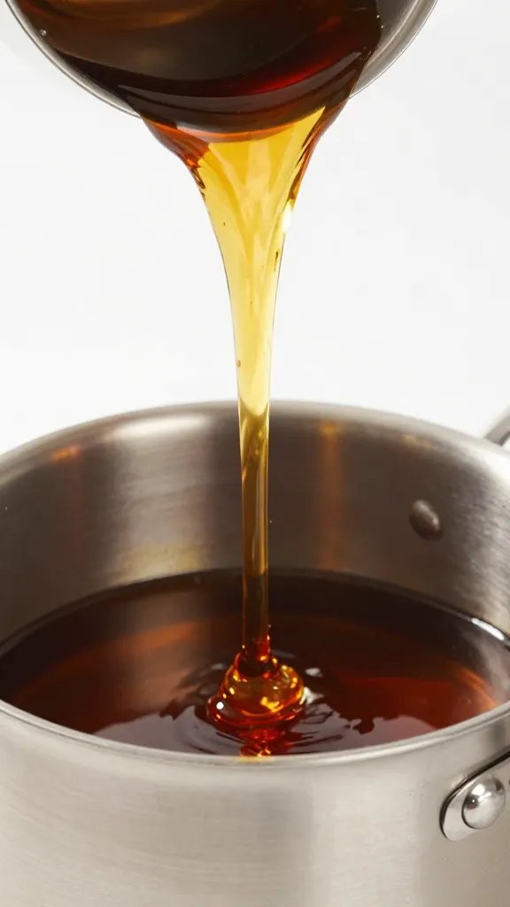Thick molasses stream pouring into stainless saucepan