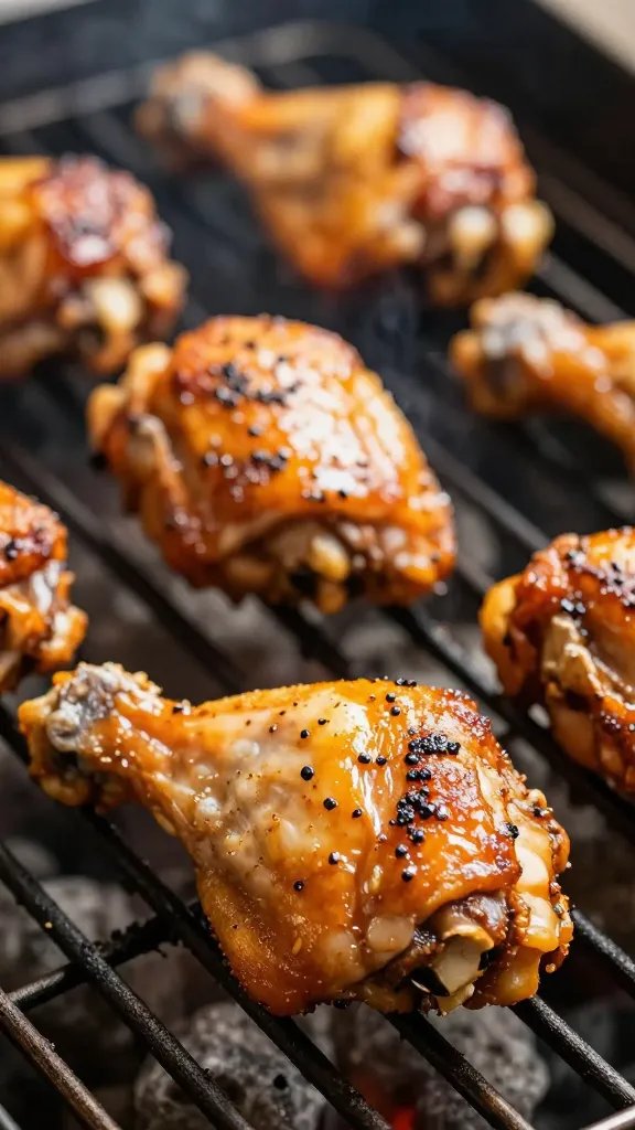 Closeup of sauced chicken thigh on grill grates