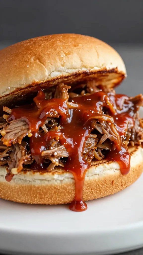 Pulled pork sandwich dripping smoked paprika BBQ sauce